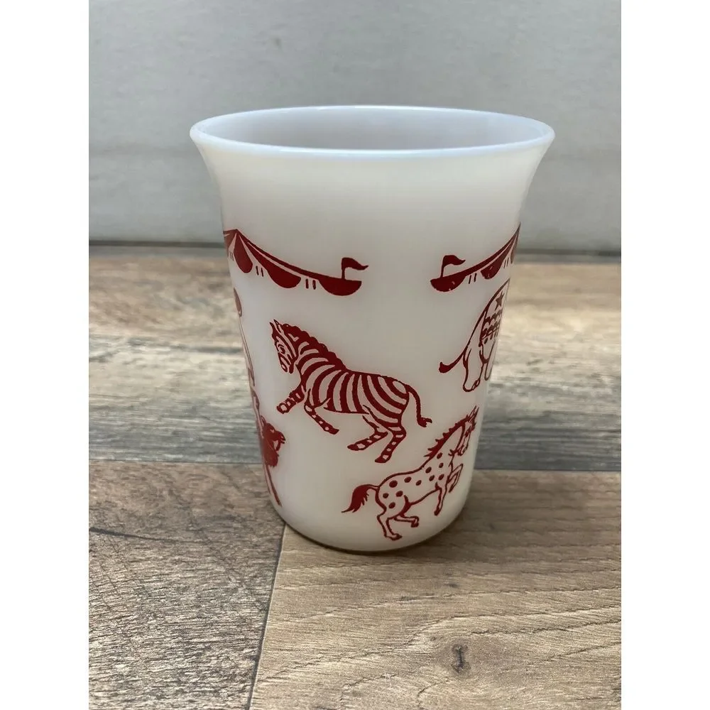 Vintage Hazel Atlas Circus Animals Juice Glass, White‎ Red Milk Glass